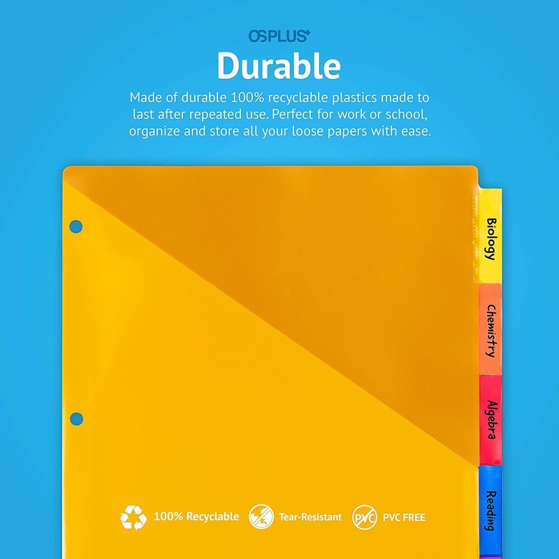 OS Plus 5-Tab Plastic Binder Dividers w/ 2 Pockets, Insertable