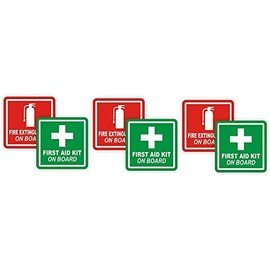 Set of 3 Pairs (6 Stickers) 3" Fire Extinguisher/First Aid Kit on Board Vinyl Decals/Stickers/Labels Pair