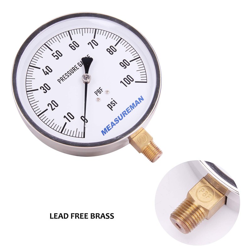 MEASUREMAN 304 Stainless Steel Case,Contractor Pressure Gauge, 0-100Psi, 4-1/2" Dial