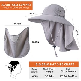 HEEHIPOO Mens Women Fishing Hat UPF 50+ Wide Brim Sun Hat with Face Cover & Neck Flap Grey