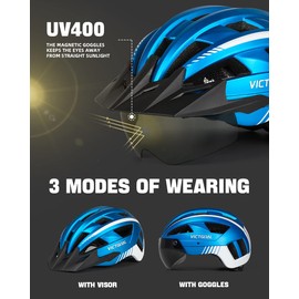 Victgoal Bike Helmet, MTB Mountain Bike Helmet with Magnetic Visor, Removable Sun Visor Cap and LED Rear Light, Cycling Helmet Racing Bike Helmet for Adults Men’s / Women’s (L.: 57 - 61 cm – Metallic Blue)