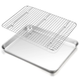 TeamFar Baking Sheet with Rack, 16 x 12 x 1 Inch Stainless Steel Cookie Baking Pan Tray with Grid Rack for Baking Roasting Cooling, Healthy & Heavy-Duty, Oven & Dishwasher Safe