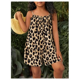 SweatyRocks Girl's Leopard Print Wide Leg Romper Spaghetti Strap Loose Summer Short Jumpsuit Brown 9Y
