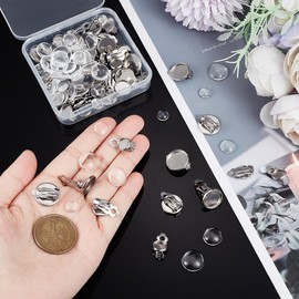 UNICRAFTALE 4 Sizes 8mm/10mm/12mm/14mm Clip-on Earring Blanks with Cabochons 40sets Stainless Steel Earring with Glass Cabochon Flat Tray Leverback Earring for Non-Pierced Ears DIY Earrrings
