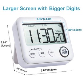Digital 99h 59m 59s Kitchen Timer & Alarm Clock, Loud 100dB, Strong Magnetic, Large LCD, Silent/Beep Mode, Power-Saving, Light Indicator, Countdown & Stopwatch for Cooking, Classroom (White)