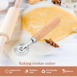 SHANGSKY Pastry Cutter Wheel, Ravioli Cutter Wheel with Long Wooden Handle, Pasta Cutter Dumpling Lace Making Noodle Ruffled Edge Cookies Pie Cutter Kitchen Dough Cutting Tool