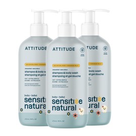 ATTITUDE 2-in-1 Shampoo and Body Wash for Baby, EWG Verified, Plant- and Mineral-Based Ingredients, Vegan Products for Sensitive Skin, Unscented, 16 Fl Oz (Pack of 3)