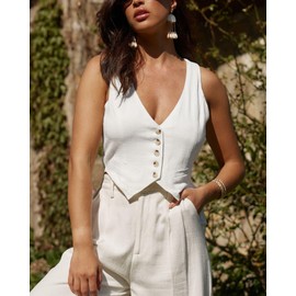 Sleeveless Vest Tops For Women Summer Linen lightweight Causal Corset Petite Fitted Short Ladies Cute Tank Top Womens Blazers Jackets Suits White 0L