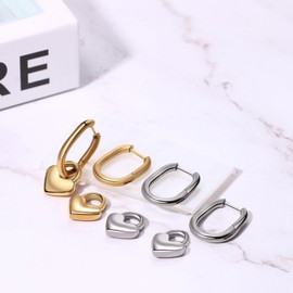 Flonge Heart Huggie Hoop Earrings: 2 Pairs Heart Pendant Drop Dangle Earrings Charm Square Paperclip Link Earrings Hypoallergenic Stainless Steel Earrings Jewellery Gift for Women
