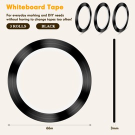 3 Rolls Black Whiteboard Tape, Precision Grid & Table Layout Tape, 3mm x 66m Whiteboard Grid Marking Tape, Thin Black Tape, Versatile White Board Tape