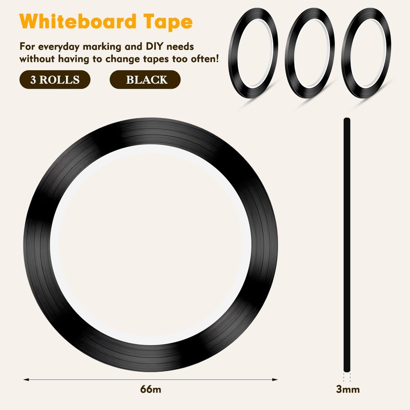3 Rolls Black Whiteboard Tape, Precision Grid & Table Layout