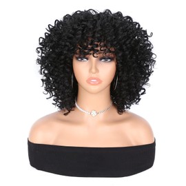 Afro Curly Wig with Bangs Short Kinky Curly Wig For Black Women Synthetic Natural Looking Premium Afro Kinky Curly Wigs 180% Density (#1B)