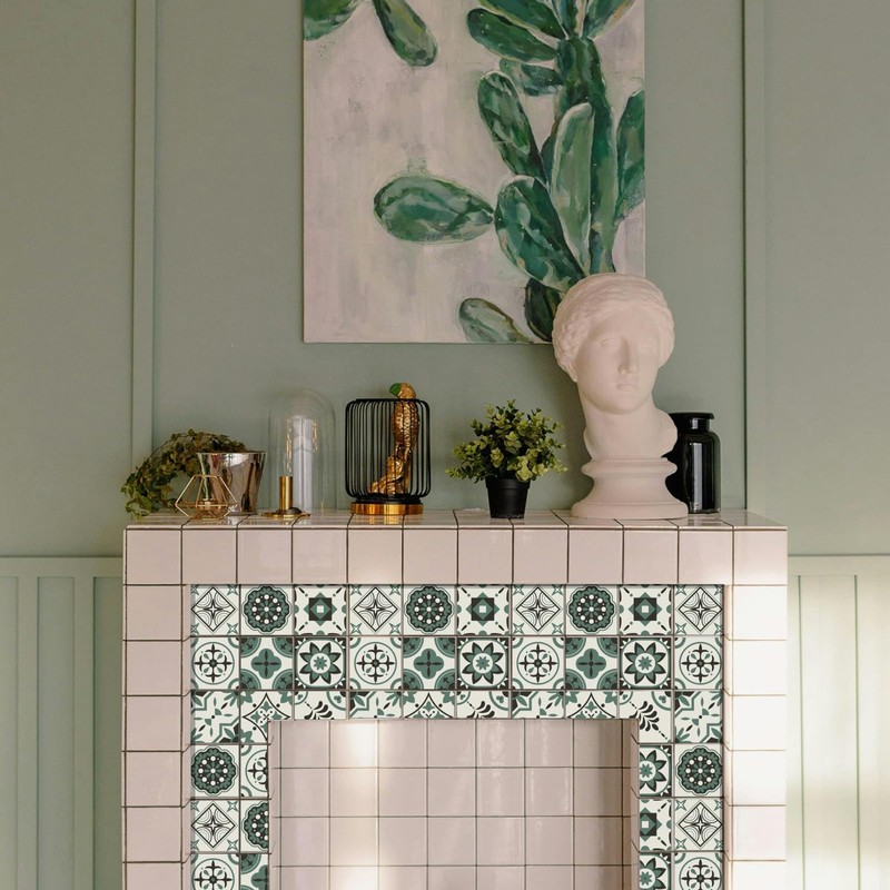CHGCRAFT 36pcs 9 Styles Moss Green Pattern Tile Stickers Waterproof