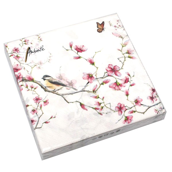 20 Serviettes Magnolia Bird Flowers Butterfly 3-Ply 33 x 33