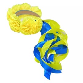 Ukrainian Yellow Color Flowers Wreath Headband Vinok with Blue & Yellow Ribbons
