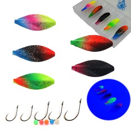 Njord Kalastus Inline Spoon Trout Complete Set with 5 x Hooks and 5 x Beads in Box 4 g UV Active Flow Indicator Trout Bait Inline Spoon Inline Flow Spoons (2.2 g, Set of 5)
