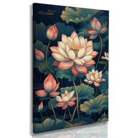 Nitelat Vintage Chinese Lotus Flower Wall Art, Pink Lotus Floral Canvas Wall Art Decor for Home Living Room Bedroom, Floral Botanical Canvas Pictures for Wall Decor, 11x15 Inch