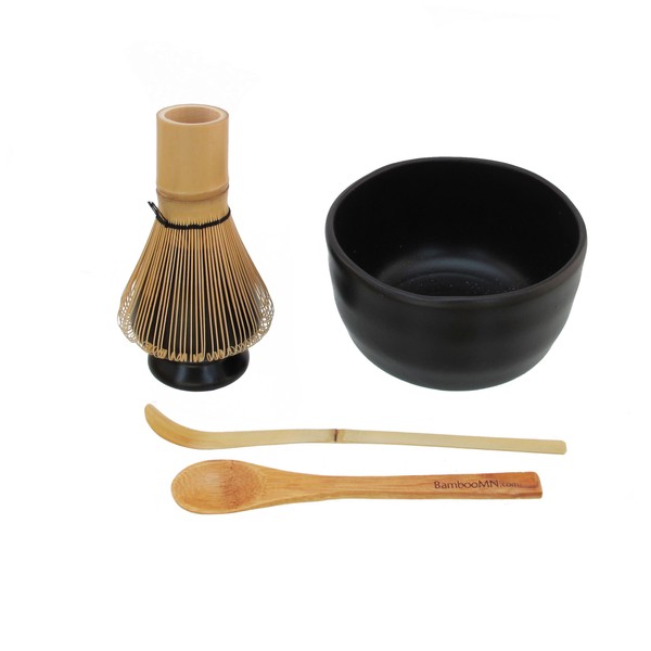 BambooMN Brand - Matcha Bowl Set (Includes Bowl, Rest,Tea Whisk, Chasaku, Tea Spoon) 1 Set Black