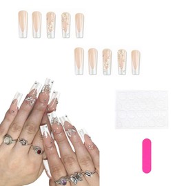 Auriselle Press on Nails Long 24 Pieces French False Long Square Nails Artificial Nails Pink and White on Soft Gel Glitter Nails with Design 3D Butterflies, Perfect for Manicure at Home
