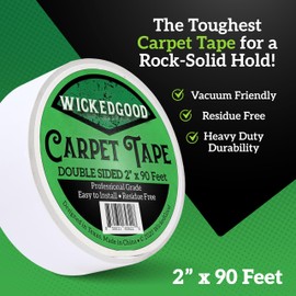WickedGood Double Sided Carpet Tape for Area Rugs – Heavy Duty Rug Tape with Strong Adhesive to Prevent Sliding, No Residue Removal, for Indoor and Outdoor Use, Vacuum Friendly (2" x 90ft, White)