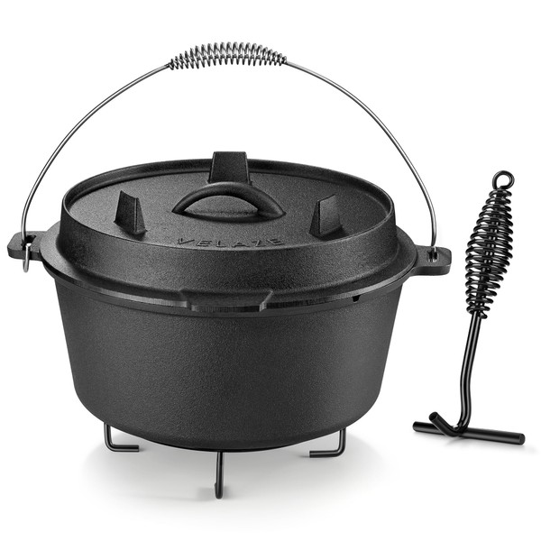 Velaze 10QT Camping Dutch Oven, Pre-Seasoned Cast Iron Camp Dutch