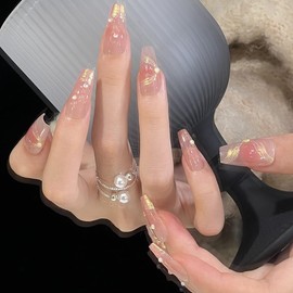 Pure Handmade Nails Press on Nail Reusable Fake Nails Golden RhineStones Bling Bling Medium Stick on Nails French Tip False Nails 10pcs (M, Q323 NAILS)