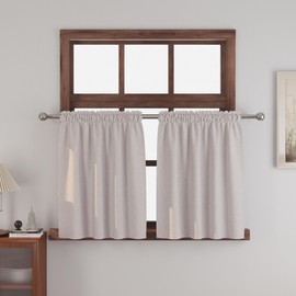 Beige Small Tiers 2 Pack Faux Linen Textured Kitchen Short Small Mini Window Curtains Valance 30 inches Length Privacy Home Decor Classic Cafe Basement Living Room/Bedroom 34W by 30L Rod Pocket