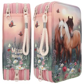 Depesche 12869 Miss Melody Flowers - Filled 3-Compartment Pencil Case in Pink with Horse Motif, Pencil Case with Colouring Pencils, Ruler, Scissors etc., Pink, Playful-Floral