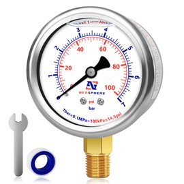 NexSphere 100 PSI Liquid Filled Pressure Gauge, 1/4 NPT Lower Mount, 2.5" Dial, 304 Stainless Steel Case, Glycerin Filled Plumbing Pressure Gauge, for Home Air/Oil/Water Pressure Test