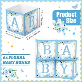 6 Pcs Blue Floral Baby Shower Party Decorations Baby Flower Boxes Centerpiece Blue Floral Table Display with Letters Gender Reveal Party Favor Block Holder (Blue Floral)