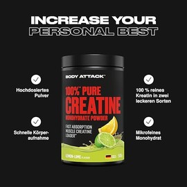 Body Attack Creatine Monohydrate Powder, 500 g, Lemon Lime, Made in Germany, High-Quality Microfine Creatine Monohydrate (Mesh Factor 200), 100% Pure Creatine Powder