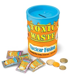 TOXIC WASTE - Nuclear Fusion Hazardously Sour Candy - Raspberry-Lemon, Pineapple-Passionfruit, Grape-Strawberry, Banana-Blueberry, & Orange-Apple Flavors - 3 oz. Coin Bank