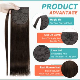 Full Shine Ponytail Extension Human Hair for Women 20 Inch Real Hair Ponytail Extensions Dark Brown Ponytail Hair Wrap Around Ponytail Hair Extensions Straight Ponytail 80 Grams