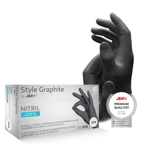 AMPRI Med-Comfort Nitrile Gloves, Anthracite, Graphite, Pack of 100, Size