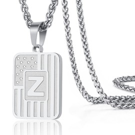 DuoDiner Letter Z Initial Necklaces for Men Boys Kids, American Flag Pendent Chain Stainless Steel Dog Tag Male Necklace Jewelry Gifts (Silver)