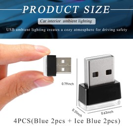 FSTURIOS 4 PCS USB LED Car Interior Atmosphere Lamp, Portable Plug-in 5V USB Car LED Interior Lighting Night Lamp, Mini USB Ambient Lighting Decor for Home Car Laptop Keyboard (Blue+Ice Blue)