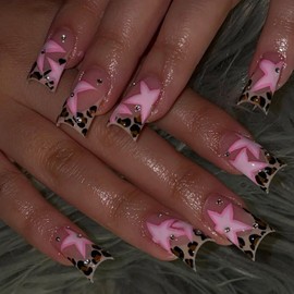 Leopard French Tips Press on Nails Medium Duck Fake Nails with Pink Star Design Duckbill 3D Rhinestone False Nails Duckbill Cheetah Nails Glossy Skin Tones Glue on Nails for Women Girls Manicure 24Pcs