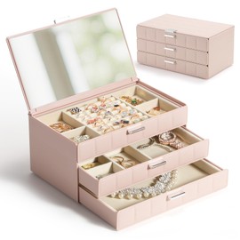 LAMU Jewelry Box for Women,Waterproof & Dustproof No Cracking Jewelry Case with Mirror,Imitation Leather Plastic Organizer for Earrings Rings Necklace Bracelet