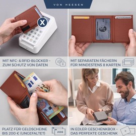 VON HEESEN Slim Wallet with RFID Protection - Mini Wallet Men & Women Small - Credit Card Holder - Purse Wallet, Cognac Brown Grained, With XL coin pocket, With XL coin compartment