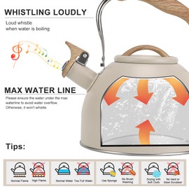 Tea Kettle, Vegoran 100 OZ / 3 Liter Whistling Tea Kettle, Tea Pots for Stove Top Food Grade Stainless Steel with Wood Pattern Folding Handle, Loud Whistle Kettle for Tea, Coffee, Milk (Milk White)
