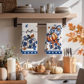 Artoid Mode Blue Porcelain Pumpkin Fall Kitchen Towels Dish Towels, 18x26 Inch Quick Dry Microfiber Cloth Hand Towels for Kitchen Drying Set of 2