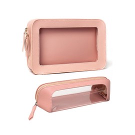 2 Pack Clear and Waterproof Makeup Bag Portable Travel Cosmetic Case Organizer for Women Toiletry Pouch with Transparent Vinyl Windows & Zippers (Pink)