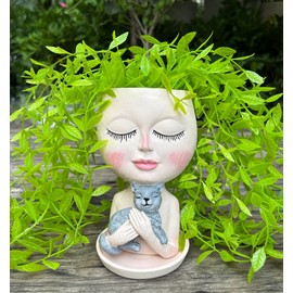 ASDFG Head Planter with Drainage Hole, Resin Art Vase, Cute Lady Hugging Cat Succulent Flower Pots, Unique for Indoor Outdoor Decor, 7.28in