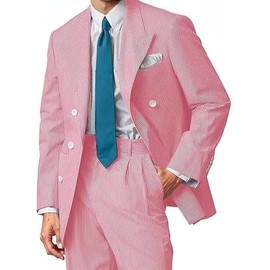 Mens Summer Seersucker Suit 2 Piece Double Breasted Buckle Striped Tuxedos for Men Wedding Suits Beach Party Red S