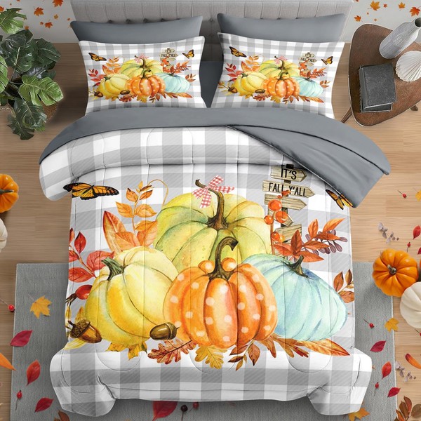 Pamnest Fall Comforter Set Queen Size, Autumn Pumpkins 7 Pcs