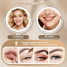 MOMOKUBA Makeup Mirror with Lights, Double Sided 1x/20x Magnifying Mirror with Light, Rechargeable 3 Color Lights and Adjustable Brightness, 360° Rotation Detachable Comes with Tweezer(White)