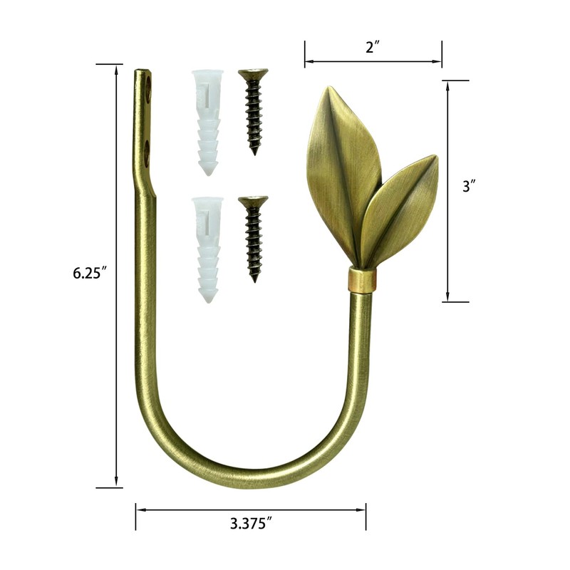 Antique Brass Curtain Holdbacks 2 Pack, Metal Olive Leaf Tiebacks
