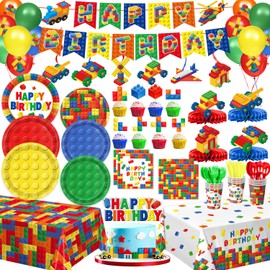 Building Block Birthday Party Supplies, Colorful Building Block Plates, Napkins, Cups, Tablecloth, Banner, Hanging Swirls, Balloons, Honeycomb Centerpieces for Kids’ Birthday Party, Serves 24