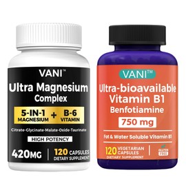 VANI 5 in 1 Magnesium & Vitamin B1 & B6（4 Month Supply，Bioavailable 7 Form Supplement Support Heart, Muscles and Bone* - Gluten-Free - 120 Capsules