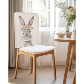 Chair Back Covers Set of 4, Easter Rabbit Linen Kitchen Slipcovers Protective Covers for Dining Chairs for Wedding Party, Spring Flower Bunny Vintage